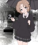  1girl blonde_hair blue_eyes cigarette commentary english_commentary english_text eternalsoulrape girls_und_panzer graveyard highres holding looking_at_viewer necktie open_mouth orange_pekoe_(girls_und_panzer) outdoors rain raised_inner_eyebrows sad school_uniform short_hair smoking solo sweater umbrella 