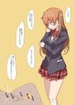  1girl brown_hair censored chuunibyou_demo_koi_ga_shitai! femdom hair_ornament hairclip hetero humiliation long_hair male_masturbation masturbation nibutani_shinka penis plaid plaid_skirt pointless_censoring school_uniform simple_background skirt solo_focus tanaka_deshirittoru translated yellow_background 