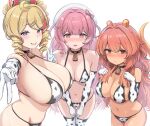  3girls absurdres animal_print bell beret bikini blonde_hair blush bonnibelle_amai bow breasts brown_eyes cleavage closed_mouth collarbone commission cow_print cow_print_bikini cow_print_gloves cow_print_thighhighs cowbell drill_hair drill_sidelocks elbow_gloves embarrassed enumiyaa full_cleavage gloves hair_between_eyes hair_bow hair_intakes hair_ornament hairclip hands_up hat heart heart_hair_ornament heartsync highres huge_breasts indie_virtual_youtuber kumu_cotton large_breasts medium_breasts multicolored_hair multiple_girls navel neck_bell orange_hair parted_lips pink_bow pink_eyes pink_hair pink_streaks print_bikini print_gloves print_thighhighs purple_eyes red_hair side_drill sidelocks siena_olena simple_background skeb_commission smile stingray_girl stingray_tail stomach streaked_hair sweatdrop swimsuit thighhighs thighs v virtual_youtuber white_hat white_streaks 