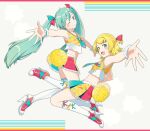  2girls alternate_costume alternate_hairstyle aqua_eyes aqua_hair aqua_necktie asymmetrical_legwear blonde_hair breasts cheerleader commentary_request fang frilled_skirt frilled_wristband frills grin hatsune_miku high_heels kagamine_rin kneehighs long_hair looking_at_viewer matching_outfits midair miniskirt multicolored_skirt multiple_girls necktie one_eye_closed open_mouth outstretched_arms pom_pom_(cheerleading) ponytail shirt short_hair short_necktie short_ponytail single_thighhigh skin_fang skirt sleeveless sleeveless_shirt small_breasts smile socks suica_(agonasubi) thighhighs twintails two-tone_shirt uneven_legwear vocaloid white_thighhighs yellow_shirt 