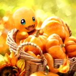  artist_name basket blue_eyes charmander flower fluffybiscotti no_humans nostrils open_mouth pokemon pokemon_(creature) pumpkin solo sunflower 