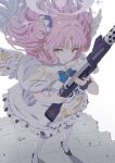  1girl angel_wings black_scrunchie blue_archive blue_bow blue_bowtie bow bowtie capelet dress feathered_wings floating_hair from_above gun hair_bun hakuaiiii halo highres holding holding_gun holding_weapon lanchester_smg long_hair looking_at_viewer low_wings mika_(blue_archive) pantyhose pink_hair pink_halo scrunchie single_side_bun solo standing submachine_gun trinity_general_school_logo weapon white_capelet white_dress white_pantyhose white_wings wing_ornament wings wrist_scrunchie yellow_eyes 