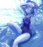  arm_support barefoot blue_eyes blue_hair breasts hair_bobbles hair_ornament hand_on_forehead hat ishikkoro kawashiro_nitori medium_breasts one-piece_swimsuit one_eye_closed rock school_swimsuit shading_eyes short_hair sitting solo swimsuit touhou tree_shade two_side_up water wet 