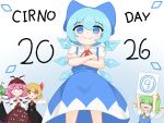  2026 5girls blue_bow blue_dress blue_eyes blush bow circled_9 cirno cirno_day closed_mouth commentary crossed_arms daiyousei detached_wings dress english_commentary hair_bow highres holding holding_sign ice ice_wings multiple_girls mystia_lorelei neck_ribbon pinafore_dress ribbon rumia santoso_tahu sign sleeveless sleeveless_dress smile team_9_(touhou) touhou wings wriggle_nightbug 