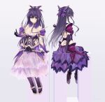  2girls absurdres arm_behind_back armor armored_dress ass back black_boots black_gloves black_hair boots bow breasts butt_crack cleavage closed_mouth collar commentary_request date_a_live detached_collar dress elbow_gloves frilled_collar frills full_body gloves hair_between_eyes hair_bow half_updo hand_up highres index_finger_raised large_breasts long_hair look-alike looking_at_viewer looking_back mtmosphere multiple_girls pleated_dress profile purple_armor purple_bow purple_dress purple_eyes shoulder_armor sidelocks simple_background sitting sleeveless sleeveless_dress smile split_mouth very_long_hair white_background yatogami_tenka yatogami_tohka 