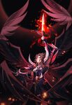  1boy arm_up armor armpits artist_name black_background black_hair black_wings breastplate closed_mouth commentary cuisses curtained_hair dark dated dusk40792935 embers faulds fire flaming_sword flaming_weapon floating_embers floating_hair greaves green_eyes hades_(saint_seiya) highres holding holding_sword holding_weapon long_hair looking_at_viewer male_focus mechanical_wings multiple_wings open_hand outstretched_arms parted_bangs raise_sword saint_seiya seraph sidelocks signature simple_background solo sword tassets untranslatable_commentary upper_body vambraces wavy_hair weapon wings 