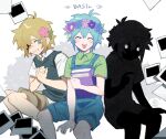  3boys antenna_hair basil_(faraway)_(omori) basil_(headspace)_(omori) basil_(omori) black_hair black_shirt black_shorts black_skin blonde_hair blue_eyes blue_overalls bright_pupils brown_shorts character_name closed_eyes collared_shirt colored_skin commentary double-parted_bangs english_commentary flower flower_wreath green_hair green_shirt green_sweater_vest hair_between_eyes head_wreath highres invisible_chair jin_gingin looking_at_viewer multiple_boys multiple_persona omori open_mouth overall_shorts overalls parted_lips photo_(object) shirt short_hair short_sleeves shorts sidelocks sitting stranger_(omori) sweat sweater_vest teeth upper_teeth_only white_hair white_pupils white_shirt 