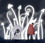  2girls arthropod_girl black_eyes black_skin blank_eyes bodysuit cloak colored_skin commentary full_body glowing_mushroom hat highres hollow_eyes hollow_knight hollow_knight:_silksong horned_mask hornet_(hollow_knight) lace_(hollow_knight) looking_at_another mask multiple_girls mushroom night red_cloak seventy_lue sitting standing white_bodysuit white_eyes white_hat white_mask 