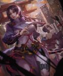  2girls arm_behind_back arm_guards blue_sky bob_cut bodysuit bow_(weapon) closed_mouth cloud commentary_request covered_navel crow_tian eyeshadow fate/grand_order fate_(series) flag highres holding holding_bow_(weapon) holding_weapon horns japanese_clothes kimono loincloth long_hair looking_back looking_to_the_side low-tied_long_hair makeup minamoto_no_raikou_(fate) minamoto_no_raikou_(first_ascension)_(fate) multiple_girls oni open_clothes open_kimono parted_bangs purple_bodysuit purple_eyes purple_hair purple_kimono revealing_clothes ribbed_sleeves rope short_hair shuten_douji_(fate) skin-covered_horns sky standing temple_gate thighhighs very_long_hair weapon 