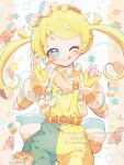  1girl :q ;q belt blonde_hair blue_bow blue_bowtie blue_eyes bow bowtie brown_shirt candy commentary cowboy_shot fingerless_gloves food gloves hair_bow haru_(haru1bc6c4) highres holding holding_candy holding_food holding_lollipop kiratto_pri_chan lollipop long_hair marshmallow moegi_emo multicolored_bow multicolored_bowtie one_eye_closed orange_belt orange_bow orange_bowtie overalls pretty_series shirt solo striped_bow striped_bowtie striped_clothes tongue tongue_out twintails untranslatable_commentary white_bow white_bowtie yellow_gloves yellow_overalls 