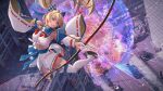  1girl armpits arrow_(projectile) bare_shoulders blonde_hair blue_bow blue_collar blue_sash bow bow_(weapon) breasts brown_gloves building city clenched_teeth clothes_lift collar commentary_request dark-skinned_female dark_elf dark_skin day detached_collar detached_sleeves drawing_bow elf energy_barrier explosion floating_hair from_above gloves hair_bow hair_intakes half_gloves high_ponytail holding holding_arrow holding_bow_(weapon) holding_weapon hololive kobutori_ride long_hair medium_breasts midair midriff miniskirt multicolored_hair okobo outdoors partially_fingerless_gloves platform_sandals pointy_ears ponytail road sandals sash shiranui_flare skirt skirt_lift solo sparks streaked_hair tabi teeth toned toned_female two-tone_collar two-tone_hair urban virtual_youtuber waist_bow waist_sash weapon white_gloves white_streaks white_thighlet wide_sleeves yugake 