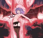  b.d bat_wings black_legwear black_panties breasts dated fangs garter_belt hat highres lingerie navel nipples open_mouth outstretched_arms panties pointy_ears purple_hair red_eyes remilia_scarlet short_hair signature small_breasts solo spell_card spread_arms thighhighs topless touhou underwear underwear_only wings 