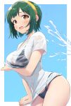  1girl absurdres bikini bikini_top_under_shirt bikini_under_clothes bikini_visible_through_clothes black_bikini blue_background blush border breasts brown_eyes commentary_request cowboy_shot green_hair hairband halterneck highres idolmaster idolmaster_(classic) large_breasts leaning_forward mole mole_under_mouth open_mouth otonashi_kotori outside_border see-through_clothes see-through_shirt shirt short_hair short_sleeves shuucream_(syuichi) solo standing string_bikini swimsuit t-shirt water wet wet_clothes wet_shirt white_border white_shirt yellow_hairband 
