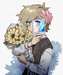  1boy alternate_sleeve_length antenna_hair basil_(faraway)_(omori) basil_(headspace)_(omori) basil_(omori) blonde_hair blue_eyes blush bouquet bright_pupils brown_sweater_vest closed_mouth collared_shirt commentary english_commentary flower green_eyes green_hair hair_flower hair_ornament highres holding holding_bouquet holding_photo jin_gingin long_sleeves looking_at_viewer male_focus omori photo_(object) shirt short_hair sidelocks simple_background smile solo sunflower sweater_vest upper_body white_background white_pupils white_shirt 