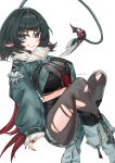  1girl absurdres animal_ears artist_name black_hair black_shorts blue_eyes blunt_bangs boots breasts coat crossed_legs english_text fins fish_tail fur_trim highres jane_doe_(zenless_zone_zero) large_breasts light_blush long_hair long_sleeves mouse_ears mouse_tail nail_polish necktie open_clothes open_coat pale_skin pantyhose red_nails rhheeaaart shark_tail shorts simple_background sitting smile tail teeth torn_clothes torn_pantyhose weapon white_background zenless_zone_zero 