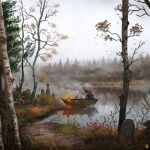 1boy absurdres artist_logo autumn boat commentary cross day english_commentary faceless falling_leaves fog foliage forest glowing_lantern grass highres hood lake lantern leaf logo nature original outdoors overcast reflection reflective_liquid rock scenery sitting sky tombstone tree waltjan watercraft wide_shot 