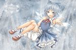  bad_id bad_pixiv_id bloomers blue_eyes blue_hair bobby_socks bow cirno dress fairy hair_bow ice ice_wings looking_at_viewer mary_janes nail_polish nejimaki_oz open_mouth puffy_sleeves reaching ribbon shoes short_hair short_sleeves socks solo touhou underwear wings 