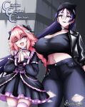  1boy 1girl absurdres artist_name astolfo_(fate) beanie black_bow black_dress blush bow braid braided_ponytail breasts check_commentary choker commentary_request crossdressing crossdressing_(mtf) dress fang fate/grand_order fate_(series) frills gothic_lolita hair_bow hair_intakes hat highres huge_breasts husbandmaru josou_seme lace lace_choker lipstick lolita_fashion long_hair makeup male_focus minamoto_no_raikou_(fate) multicolored_hair multiple_hair_bows open_mouth parted_bangs piercing pink_hair pink_thighhighs punk purple_eyes purple_hair shirt short_dress single_braid skin_fang smile spanish_commentary streaked_hair tall_female taller_female_shorter_male thighhighs torn_clothes trap twitter_username very_long_braid very_long_hair white_streaks zettai_ryouiki 