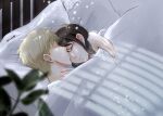  1boy 1girl absurdres arm_around_neck black_hair blonde_hair blurry blurry_foreground closed_eyes closed_mouth commentary_request couple cuddling hand_on_another's_neck hetero highres kinak03 long_hair on_bed plant shirt short_hair sidelocks sleeping spy_x_family twilight_(spy_x_family) twitter_username under_covers upper_body white_shirt yor_briar 