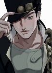  1boy black_hair black_hat black_jacket blue_eyes chain closed_mouth collared_jacket ear_piercing earrings eyelashes green_shirt hat highres jacket jewelry jojo_no_kimyou_na_bouken kujo_jotaro looking_at_viewer male_focus odoruzatta peaked_cap piercing school_uniform shirt short_hair simple_background solo stardust_crusaders stud_earrings upper_body white_background 