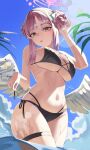  1girl absurdres alternate_costume bikini black_bikini blue_archive blue_flower blush breasts cleavage commentary double_bun feathered_wings flower hair_bun hair_flower hair_ornament hair_scrunchie halo halterneck highres kirei0518 large_breasts looking_at_viewer low_wings mika_(blue_archive) navel official_alternate_hairstyle open_mouth pink_hair pink_halo scrunchie side-tie_bikini_bottom sidelocks solo stomach string_bikini swimsuit triangle_bikini_top white_scrunchie white_wings wings yellow_eyes 