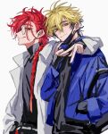  2boys arm_around_shoulder belt bespectacled black_hair black_mask black_pants black_shirt blonde_hair blue_jacket braid braided_ponytail chinese_commentary closed_mouth coat collared_shirt commentary_request eyebrow_piercing face_piercing glasses hair_between_eyes hand_in_pocket jacket licking_lips long_hair long_sleeves looking_at_viewer male_focus mask mask_pull mouth_mask multicolored_hair multiple_boys open_clothes open_jacket open_shirt pants piercing profile red_eyes red_hair round_eyewear shiguang_dailiren shirt short_hair simple_background single_braid sketch sleeves_past_wrists smile tongue tongue_out turtleneck two-tone_hair tyoookozuki undershirt upper_body v white_background white_shirt xia_fei xiao_weiying yaoi yellow_eyes 