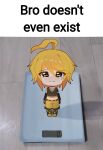  1boy ahoge akita_nero black_shirt black_shoes blonde_hair bro_doesn't_even_exist_(meme) closed_mouth commentary crop_top detached_sleeves english_commentary highres image_macro_(meme) looking_at_viewer male_focus meme mini_person miniboy navel pleading_eyes saw_art06 shirt shoes short_hair shorts solo tears vocaloid wavy_mouth weighing_scale yellow_eyes yellow_shorts yellow_trim 