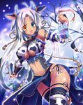  animal_ears animal_print aqua_eyes bell breasts cleavage_cutout cow_ears cow_print cow_tail heterochromia highres large_breasts long_hair navel open_mouth original solo tail tan tattoo thighhighs white_hair yellow_eyes yuzu_modoki 