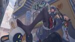  2girls alley argyle_clothes argyle_pantyhose aria_(zenless_zone_zero) bangboo_(zenless_zone_zero) belle_(zenless_zone_zero) black_hair black_panties black_shirt blue_hair breasts building candy chinese_commentary cloud colored_inner_hair commentary_request condenser_unit crossed_legs door ellen_joe fins fish_tail food frilled_wristband from_below hair_ornament hairband highres holding holding_candy holding_food holding_lollipop holding_weapon jacket large_breasts large_tail lollipop looking_at_viewer maid maid_headdress metal_hairband multicolored_hair multiple_girls nangong_yu panties pantyhose poster_(object) red_eyes red_hair red_nails scar scar_on_tail shark_girl shark_tail shirt shoe_soles shoes short_hair sky stairs stepped_on stool tail underwear unworn_shoes user_xgnu3548 weapon zenless_zone_zero 