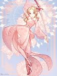  1girl arm_behind_head belt blonde_hair blue_background blue_eyes breasts cleavage commentary_request dissidia_duellum_final_fantasy dissidia_final_fantasy dress final_fantasy final_fantasy_vi full_body fur-trimmed_dress fur_trim halo highres holding holding_sword holding_weapon jewelry long_hair medium_breasts necklace official_alternate_costume parted_bangs pearl_necklace pink_dress pink_shoes pink_thighhighs ponytail ren_mizuha see-through_clothes see-through_sleeves shoes solo sword terra_branford terra_branford_(blossom_princess) thighhighs twitter_username weapon white_belt wide_sleeves 