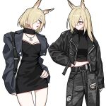  2girls animal_ears belt black_dress black_jacket black_pants black_shirt blonde_hair blue_archive blue_eyes commentary_request dog_ears dog_girl dress dual_persona extra_ears hair_over_one_eye highres jacket jewelry kanna_(blue_archive) kimpas0 korean_commentary long_hair midriff_peek multiple_girls navel necklace notched_ear pants shirt short_hair simple_background torn_clothes torn_pants white_background 