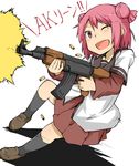  ak-47 akaza_akari assault_rifle casing_ejection double_bun dress firing gun highres long_sleeves nanamori_school_uniform object_namesake one_eye_closed open_mouth pink_hair pun purple_eyes rifle sailor_dress school_uniform serafuku shell_casing shoes short_hair short_over_long_sleeves short_sleeves skirt smile solo sporterized weapon xenon_(kona-card) yuru_yuri 