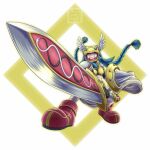  1girl ankle_boots armor bandaged_leg bandages black_collar black_gloves black_tube_top blue_hair boots braid buckler collar commentary covered_eyes digimon digimon_(creature) elbow_gloves english_commentary flat_chest floating_hair full_body gauntlets gloves gold_armor gold_helmet grin hair_ribbon helmet helmet_over_eyes highres holding holding_shield huge_weapon long_hair midriff minervamon red_boots ribbon shield shoulder_pads sidelocks signature smile solo standing strapless sunrise_stance sword teeth tress_ribbon tube_top twin_braids very_long_hair waist_cape weapon white_background winged_helmet with_out_will 