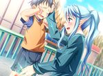  1boy 1girl blue_eyes blue_hair blush child elf elf_ears eyes_closed game_cg harem_party pointy_ears sofisutia_gushigusu 