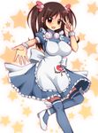  apron blush breasts brown_eyes brown_hair hair_ornament hairclip headphones kuromu_(cr0711) large_breasts long_hair mizuhara_hayari saki shoes solo thighhighs v wristband 