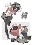  2girls absurdres ammunition_pouch anger_vein animal_ear_headwear black_hair black_hat commentary english_commentary explosive fingerless_gloves flip-flops frustrated glasses gloves grenade gun gun_sling hat headphones highres holding holding_gun holding_weapon japanese_clothes kneeling leggings load-bearing_equipment long_sleeves midriff military multiple_girls multiple_views nusisring_tactical pouch rifle sandals scissors shirt short_hair short_shorts shorts sidelocks sleeve_pouch stool stuck tactical_clothes toes uma_atsku'ama vectorek weapon weisheng_lyu white_background white_shirt 