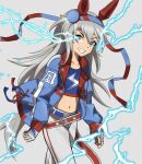  1girl absurdres animal_ears belt blue_eyes blue_hairband blue_jacket blue_sports_bra collarbone commentary_request ear_covers electricity fang fingerless_gloves gloves grey_hair grey_tail grin hair_between_eyes hairband headband highres horse_ears horse_girl horse_tail jacket lightning_bolt_print lightning_bolt_symbol long_hair long_sleeves midriff multicolored_hairband navel open_mouth pants pen_gorou red_belt red_headband smile sports_bra striped_clothes striped_hairband tail tamamo_cross_(fast_as_lightning)_(umamusume) tamamo_cross_(umamusume) teeth two-tone_hairband umamusume very_long_hair white_pants 