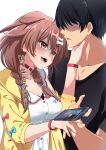  1boy 1girl animal_collar animal_ears black_hair black_shirt blush bone_hair_ornament braid breasts brown_eyes brown_hair cartoon_bone cellphone clothing_request collar commentary_request dog_ears dog_girl faceless faceless_male fang fingernails fuyumi_kazuki hair_between_eyes hair_ornament hand_on_another's_hand hand_on_another's_neck highres hololive hololive_gamers inugami_korone inugami_korone_(1st_costume) jacket low_twin_braids open_mouth orange_nails phone red_collar sakamata_chloe shaded_face shirt short_sleeves smartphone smile translation_request twin_braids virtual_youtuber yellow_jacket 