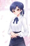  1girl artoria_pendragon_(fate) blue_bow blue_hair blue_skirt bow bowtie braid braided_bun brown_eyes cherry_blossoms collared_shirt commentary cosplay cowboy_shot english_commentary fate/stay_night fate_(series) hair_bun highres idolmaster idolmaster_(classic) kisaragi_chihaya long_sleeves parted_bangs pleated_skirt saber_(fate) saber_(fate)_(cosplay) shirt single_hair_bun skirt solo white_shirt yuki_(comingsmile) 
