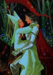  1boy 1girl afterblossom alternate_costume armor artist_logo artist_name black_hair brown_eyes cape commentary couple crescent_moon dress english_commentary eye_contact flag forest hennin hetero highres horseback_riding knight kylo_ren logo long_dress long_sleeves looking_at_another medieval moon nature night plant plate_armor red_cape red_hair rey_(star_wars) riding sitting sitting_on_lap sitting_on_person sparkle star_wars tree 