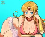 1girl alternate_costume artist_name bead_necklace beads bikini blonde_hair blue_background blue_eyes blue_pupils blush bracelet breasts circlet cleavage closed_mouth commentary curtained_hair dot_nose earrings english_commentary full_cleavage gold_bracelet gold_circlet gold_earrings hand_up jarckius jewelry large_breasts long_hair looking_at_viewer lying navel necklace on_side paid_reward_available parted_bangs pink_bikini pointy_ears princess_zelda sarong see-through_clothes see-through_sarong shiny_skin simple_background smile solo sweat swimsuit the_legend_of_zelda the_legend_of_zelda:_a_link_between_worlds triforce very_long_hair 