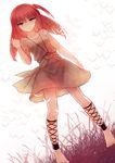  ankle_lace-up barefoot cross-laced_footwear cuivre grass long_hair magi_the_labyrinth_of_magic morgiana one_side_up red_eyes red_hair solo translucent 