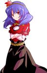  alphes_(style) crossed_arms dairi dress hair_ornament leaf maple_leaf mirror parody purple_hair red_eyes rope shimenawa short_hair smile solo style_parody touhou transparent_background yasaka_kanako 