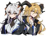  2girls ambience_synesthesia animal_ears arknights blonde_hair chinese_commentary commentary_request degenbrecher_(arknights) earrings grey_hair highres horns jewelry kyou_039 long_hair looking_at_viewer multiple_girls necklace official_alternate_costume orange_eyes saria_(arknights) saria_(unstained_unshaken)_(arknights) simple_background 