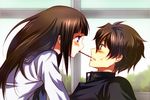  1girl black_hair blush chitanda_eru clenched_teeth food gakuran green_eyes hyouka koromo_(kinu) long_hair oreki_houtarou pocky pocky_kiss purple_eyes school_uniform shared_food teeth 