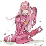  1girl artist_name blue_eyes bodysuit breasts brown_background commentary commission cursive darling_in_the_franxx english_commentary hairband hand_on_own_chest horns legs long_hair looking_at_viewer mecha_pilot_suit medium_breasts mixed-language_text parasite_suit_(darling_in_the_franxx) peach_momoko photo_(medium) pink_hair red_bodysuit seiza signature sitting skin_tight solo traditional_media two-tone_background white_background white_hairband zero_two_(darling_in_the_franxx) 