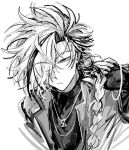  1boy braid braided_ponytail collared_shirt cosplay earrings fate/grand_order fate_(series) greyscale hair_over_one_eye hand_up highres holding_own_hair jewelry long_hair looking_at_viewer male_focus monochrome multicolored_hair necklace one_eye_covered open_clothes open_shirt parted_lips shiguang_dailiren shirt simple_background single_braid single_earring sketch sleeves_past_wrists solo streaked_hair takasugi_shinsaku_(fate) tassel tassel_earrings turtleneck tyoookozuki undershirt upper_body white_background xiao_weiying xiao_weiying_(cosplay) 