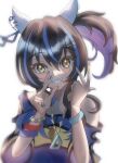  1girl absurdres animal_ears bare_shoulders bead_bracelet beads blue_hair blue_shirt blush bracelet brown_hair commentary_request daitaku_helios_(fun_fun_party_night)_(umamusume) daitaku_helios_(umamusume) ear_covers facial_tattoo grin hair_ornament hairclip highres horse_ears horse_girl jewelry long_hair looking_at_viewer multicolored_hair multicolored_nails necklace open_mouth pen_gorou shirt side_ponytail smile solo star_(symbol) star_hair_ornament streaked_hair tattoo teeth umamusume upper_body yellow_eyes 