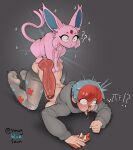  1girl absurdres all_fours animal_penis bestiality black_hoodie black_pantyhose blue_eyes blue_hair blush clothes_lift clothes_pull commentary dog_penis english_commentary espeon glasses hetero highres hood hood_down hoodie hoodie_lift knotted_penis knotting long_sleeves multicolored_hair open_mouth paid_reward_available pantyhose pantyhose_pull penis penny_(pokemon) pokemon pokemon_(creature) pokemon_scarlet_and_violet pokephilia red_hair rotom rotom_phone round_eyewear sex short_hair smugbluefaun tongue tongue_out top-down_bottom-up uncensored wide-eyed x-ray zoophilia 