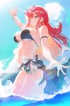  1girl absurdres ahoge akane_lize arm_strap arm_up ass bikini black_bikini black_bow black_sarong blonde_streaks blush bow bracelet breasts cloud cloudy_sky colored_inner_hair commentary_request cross cross_earrings domi_(hongsung0819) earrings eyewear_on_head from_below grey_hair grin hair_ornament hairclip heart heart-shaped_eyewear highres jewelry korean_commentary long_hair medium_breasts mole mole_on_ass mole_under_eye multicolored_hair navel red_hair sarong sky smile solo standing stellive streaked_hair string_bikini sunglasses swept_bangs swimsuit underboob virtual_youtuber wading water 
